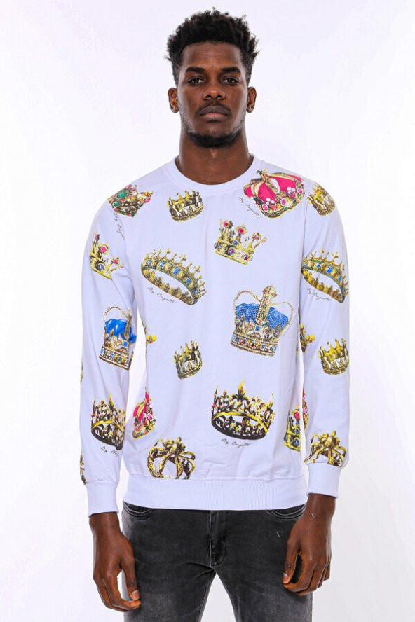 Beyaz Baskılı Taşlı Bisiklet Yaka Sweatshirt - 2