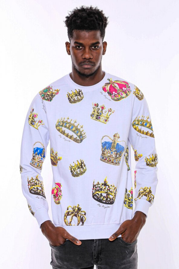 Beyaz Baskılı Taşlı Bisiklet Yaka Sweatshirt - 8