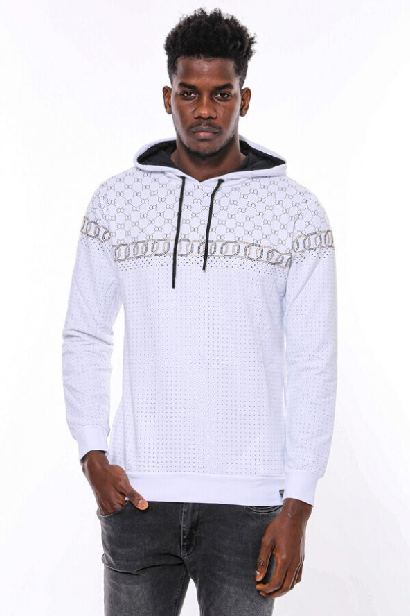 Beyaz Kapşonlu Desenli Sweatshirt - 10