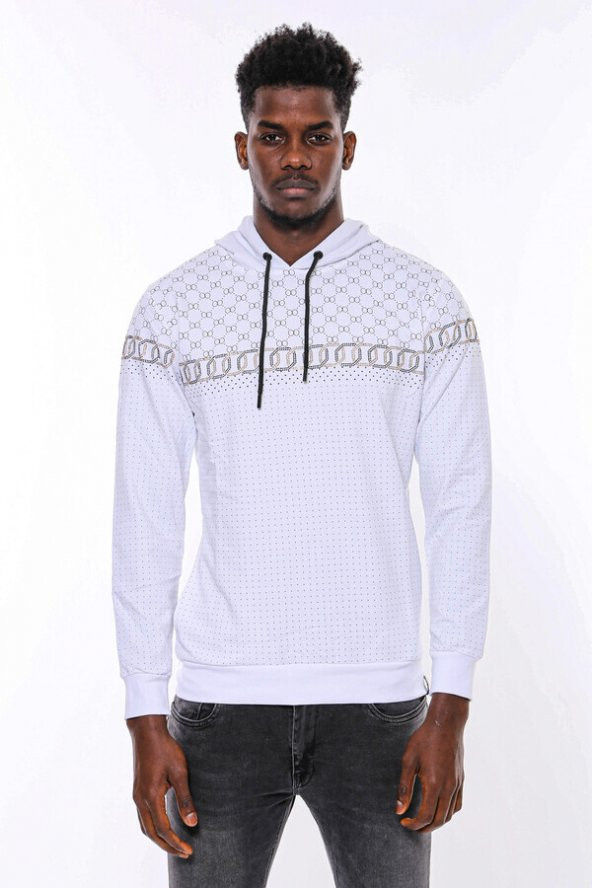 Beyaz Kapşonlu Desenli Sweatshirt - 2