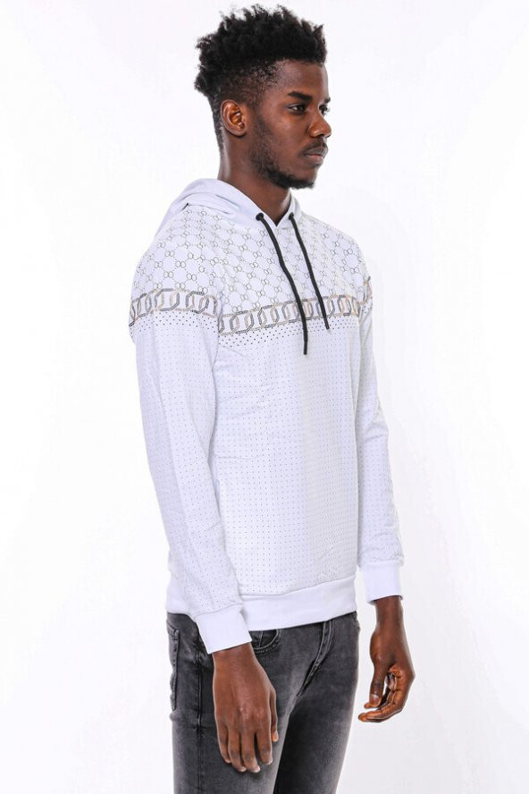 Beyaz Kapşonlu Desenli Sweatshirt - 4
