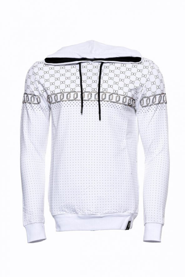 Beyaz Kapşonlu Desenli Sweatshirt - 5