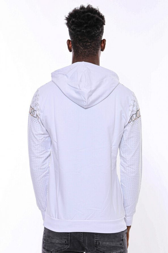Beyaz Kapşonlu Desenli Sweatshirt - 6