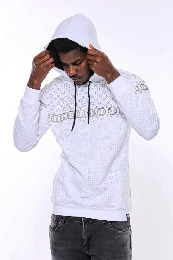 Beyaz Kapşonlu Desenli Sweatshirt - 7