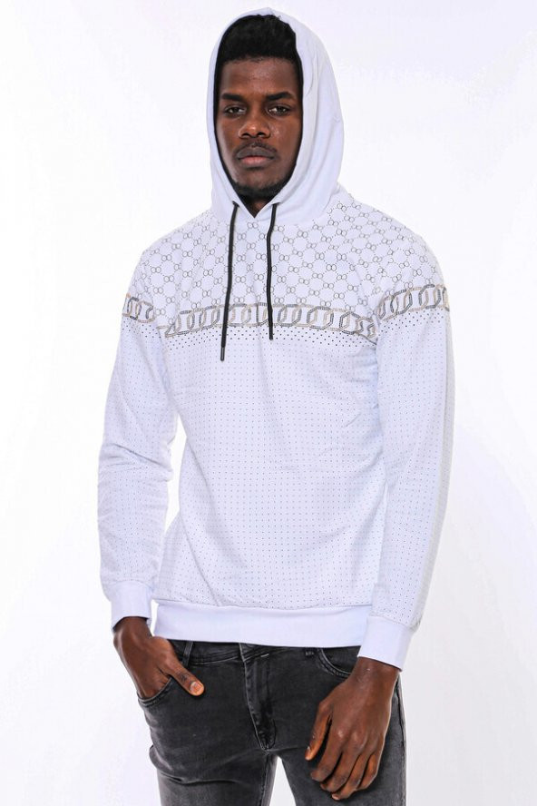 Beyaz Kapşonlu Desenli Sweatshirt - 8