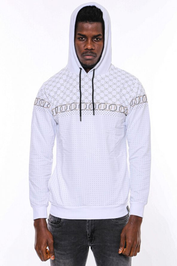 Beyaz Kapşonlu Desenli Sweatshirt - 9