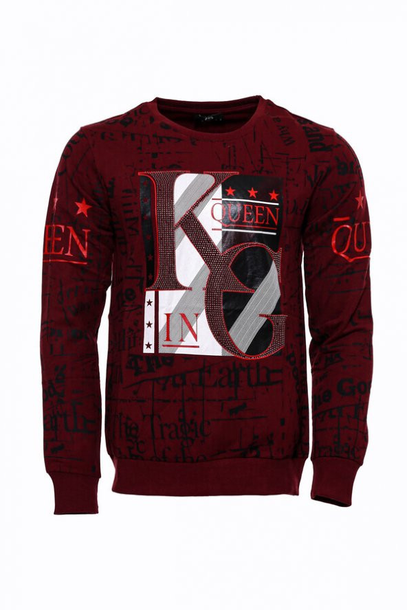 Bordo Taşlı Baskılı Sweatshirt - 3