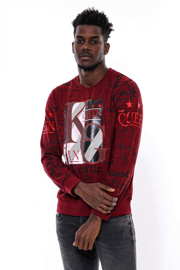 Bordo Taşlı Baskılı Sweatshirt - 8