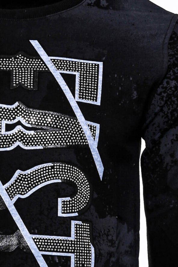 Siyah Taşlı Desenli Sweatshirt - 2