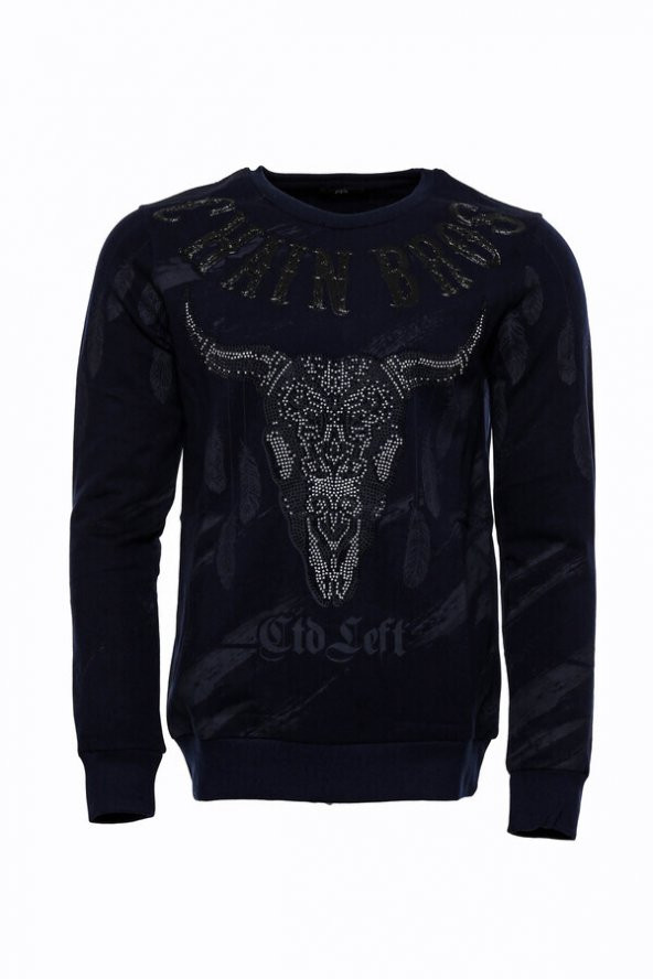 Lacivert Taşlı Desenli Sweatshirt