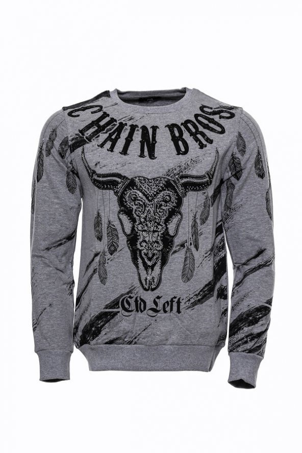 Gri Taşlı Baskılı Desenli Sweatshirt