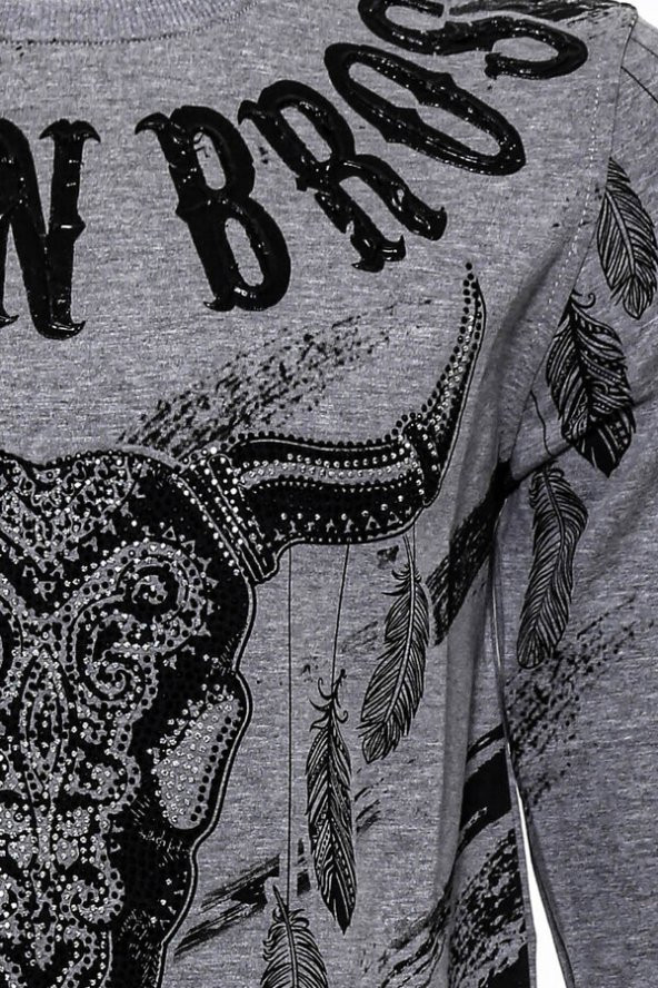 Gri Taşlı Baskılı Desenli Sweatshirt - 2