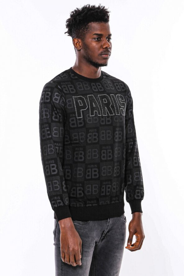 Siyah Taşlı Desenli Sweatshirt - 4