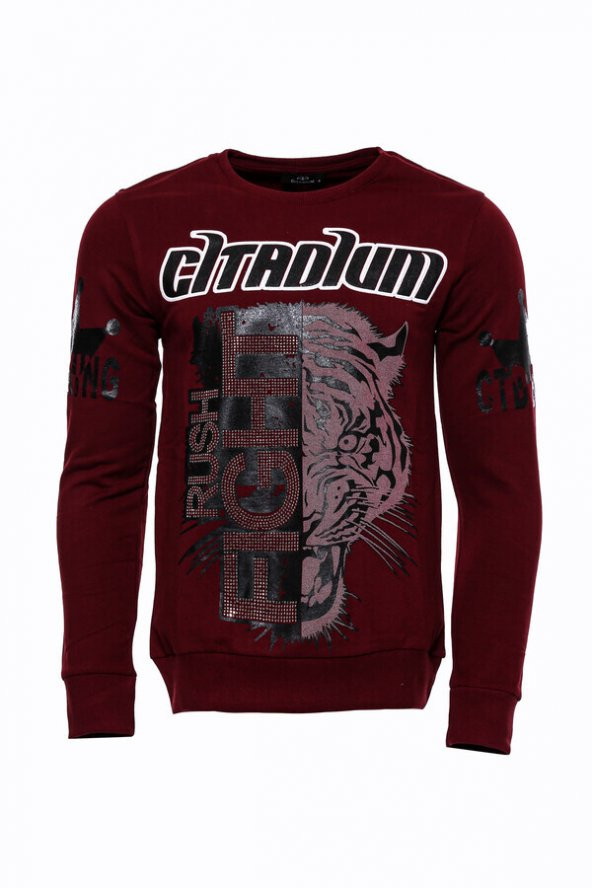 Bordo Taşlı Baskılı Sweatshirt