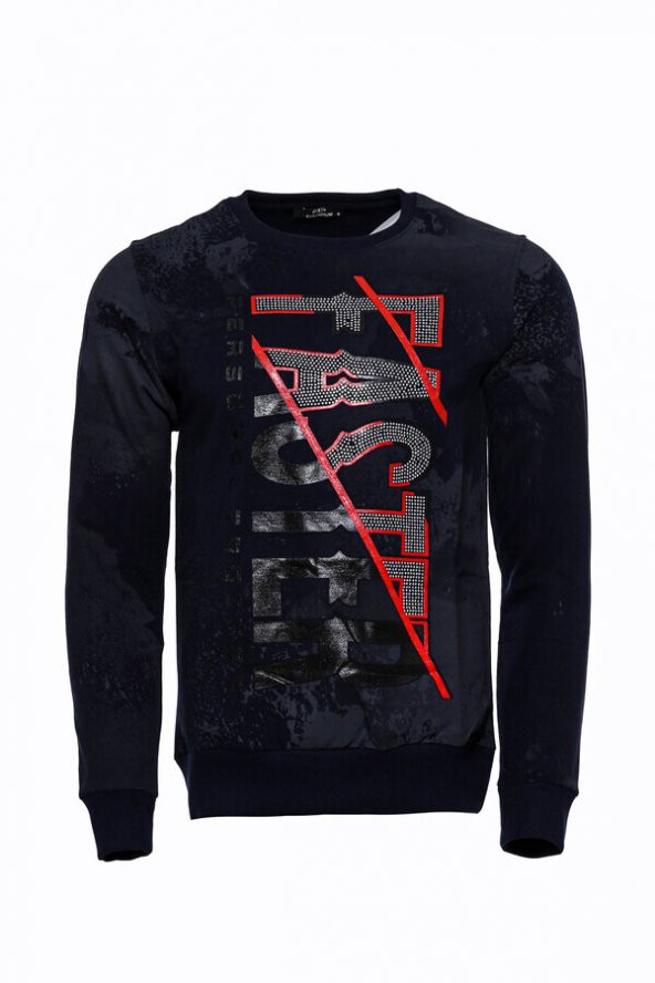 Lacivert Taşlı Baskılı Desenli Sweatshirt
