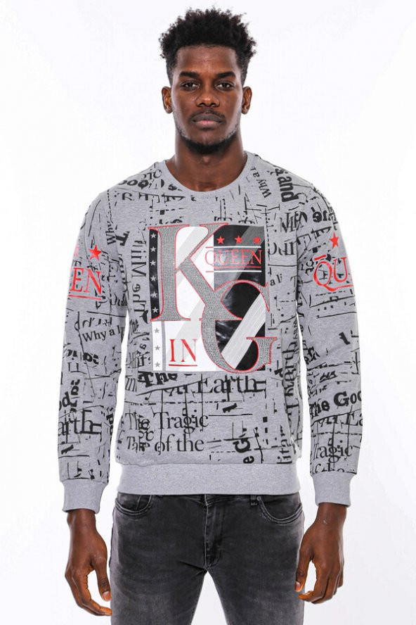 Gri Taşlı Baskılı Desenli Sweatshirt - 3