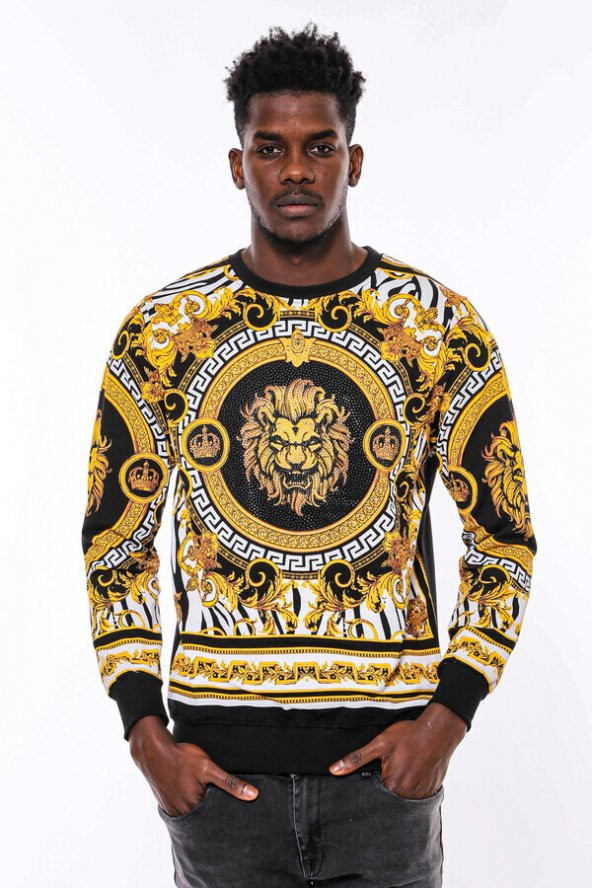 Siyah Üzerine Taşlı Baskılı  Bisiklet Yaka Sweatshirt - 9