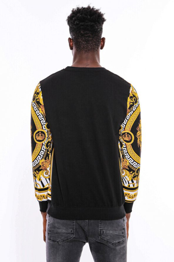 Siyah Üzerine Taşlı Baskılı  Bisiklet Yaka Sweatshirt - 3