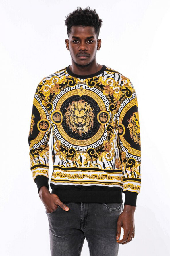 Siyah Üzerine Taşlı Baskılı  Bisiklet Yaka Sweatshirt - 4