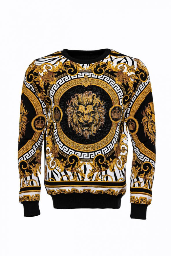 Siyah Üzerine Taşlı Baskılı  Bisiklet Yaka Sweatshirt - 5