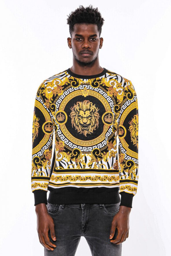 Siyah Üzerine Taşlı Baskılı  Bisiklet Yaka Sweatshirt - 7