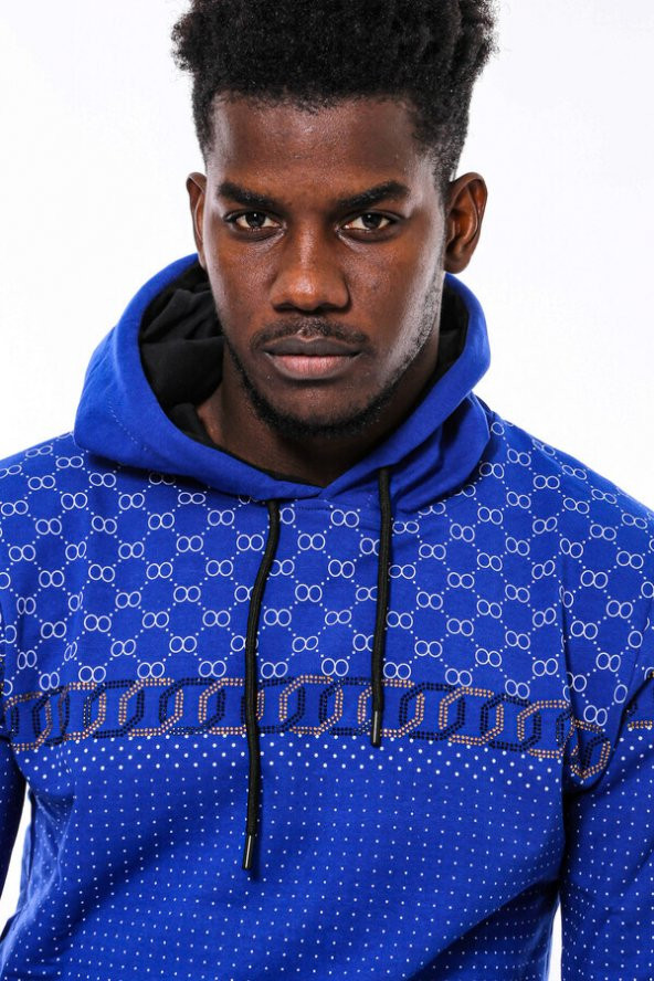 Lacivert Kapşonlu Taşlı Baskılı Desenli Sweatshirt - 3