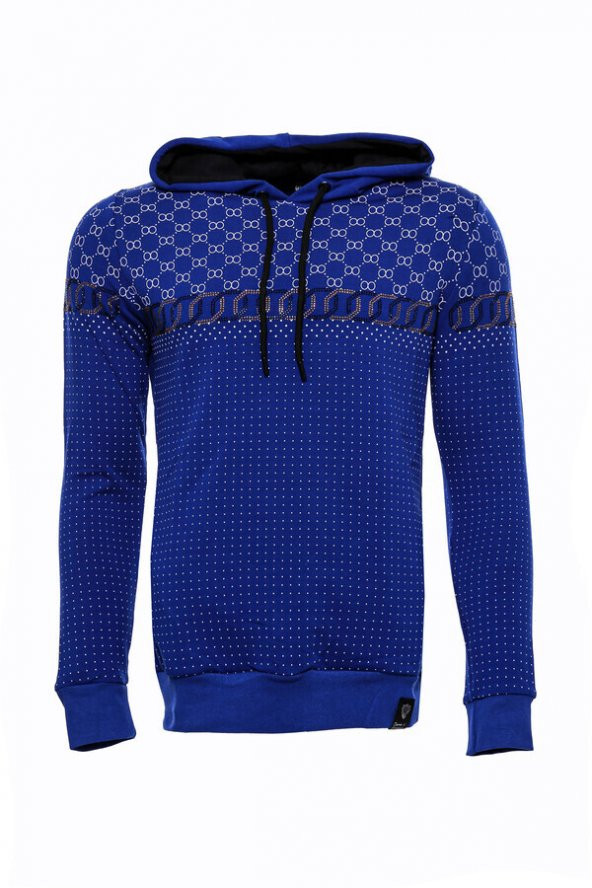 Lacivert Kapşonlu Taşlı Baskılı Desenli Sweatshirt - 4