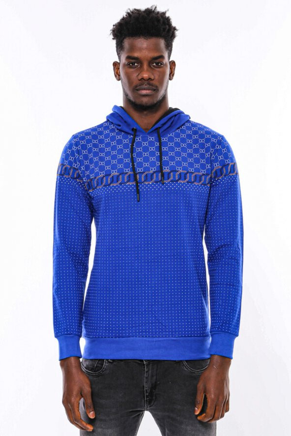 Lacivert Kapşonlu Taşlı Baskılı Desenli Sweatshirt - 5
