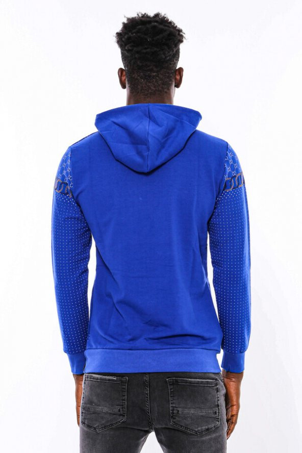 Lacivert Kapşonlu Taşlı Baskılı Desenli Sweatshirt - 8