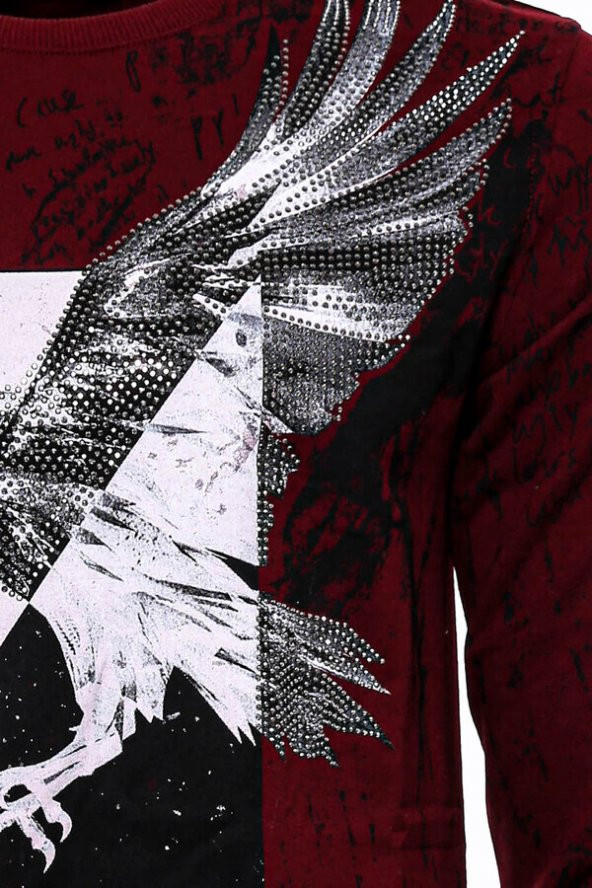 Bordo Taşlı Baskılı Sweatshirt - 2