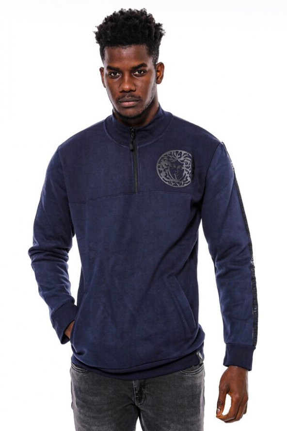 Lacivert Fermuarlı Baskılı Sweatshirt