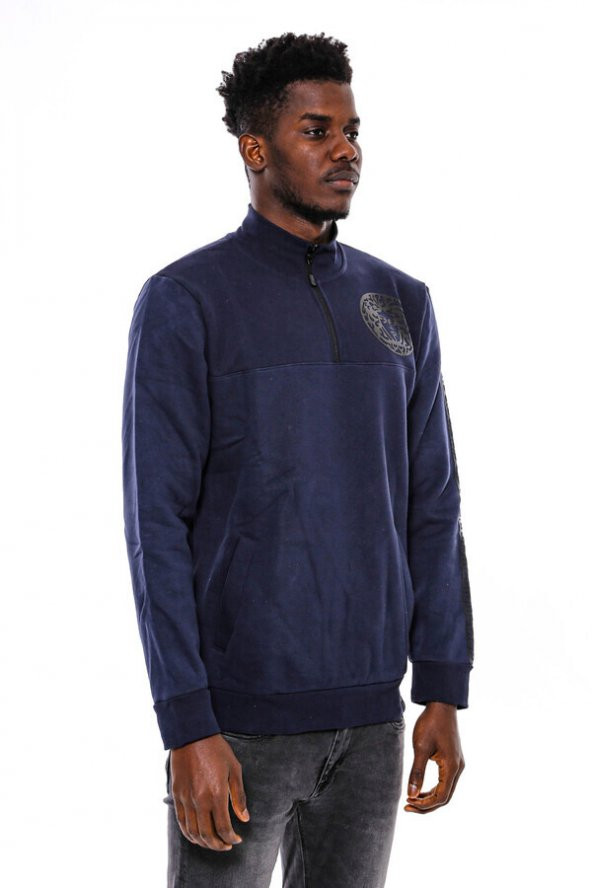 Lacivert Fermuarlı Baskılı Sweatshirt - 5