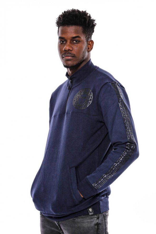 Lacivert Fermuarlı Baskılı Sweatshirt - 8