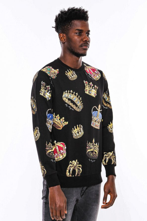 Siyah Bisiklet Yaka Taşlı Ve Baskılı Sweatshirt - 3