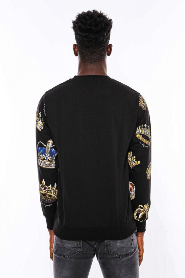 Siyah Bisiklet Yaka Taşlı Ve Baskılı Sweatshirt - 4