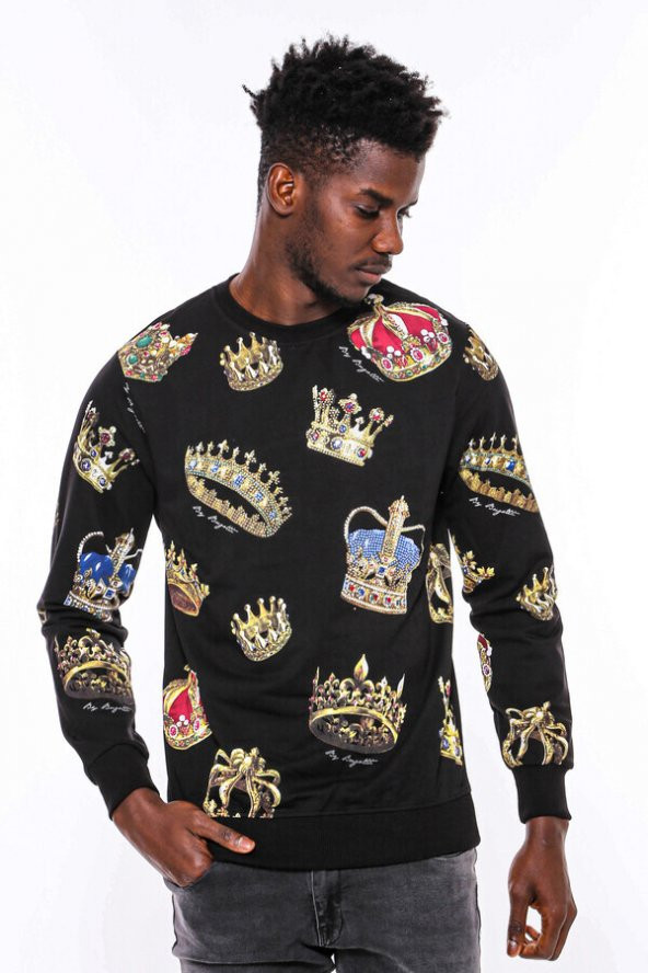 Siyah Bisiklet Yaka Taşlı Ve Baskılı Sweatshirt - 5