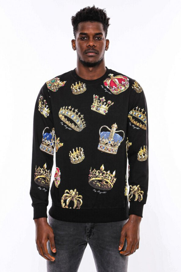 Siyah Bisiklet Yaka Taşlı Ve Baskılı Sweatshirt - 7