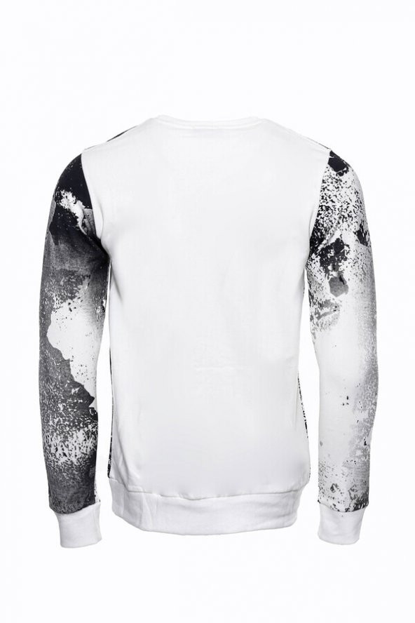 Beyaz Baskılı Taşlı Bisiklet Yaka Sweatshirt - 2