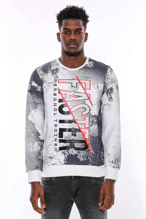 Beyaz Baskılı Taşlı Bisiklet Yaka Sweatshirt - 7