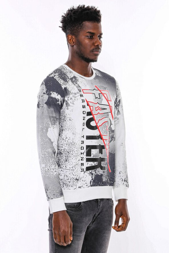 Beyaz Baskılı Taşlı Bisiklet Yaka Sweatshirt - 8