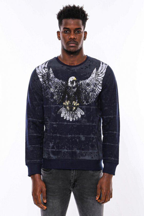 Lacivert Taşlı Desenli Sweatshirt - 2