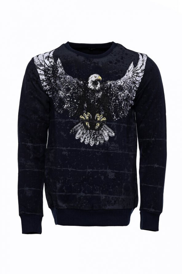Lacivert Taşlı Desenli Sweatshirt - 6