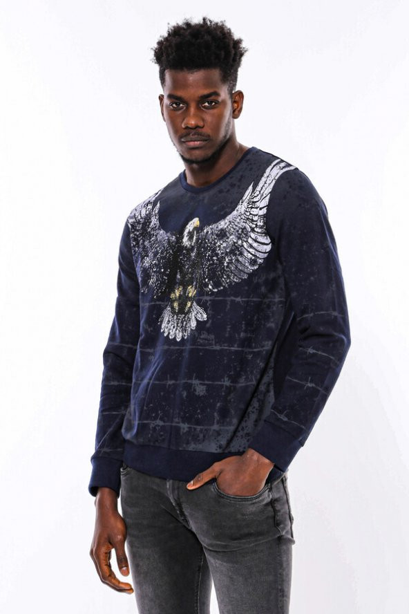 Lacivert Taşlı Desenli Sweatshirt - 7