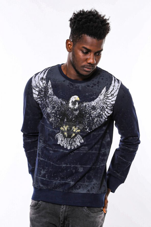 Lacivert Taşlı Desenli Sweatshirt - 10