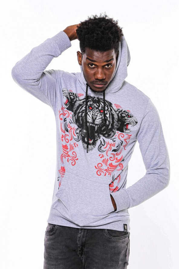 Gri Taşlı Baskılı Kapşonşlu Sweatshirt - 1
