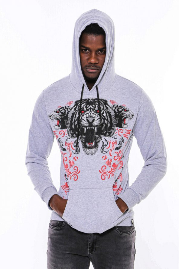 Gri Taşlı Baskılı Kapşonşlu Sweatshirt - 3