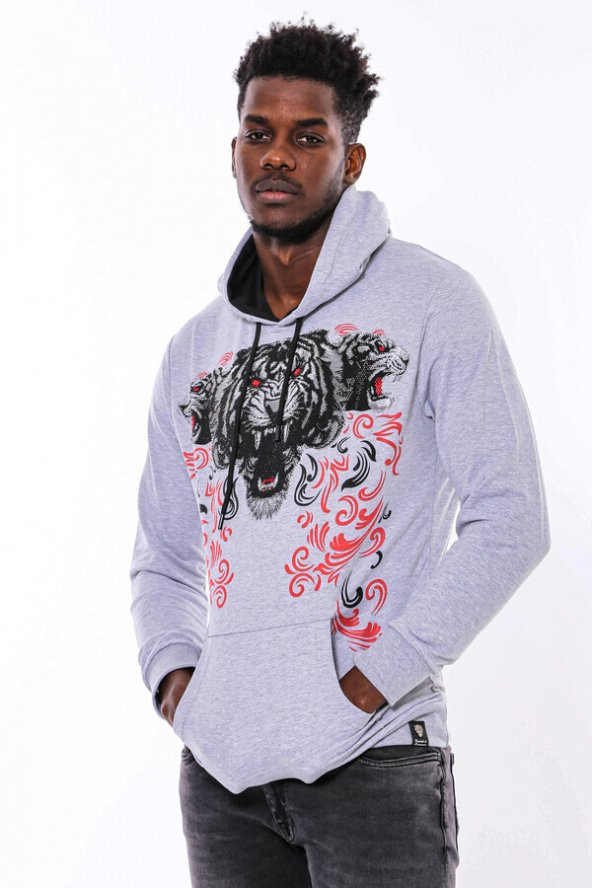 Gri Taşlı Baskılı Kapşonşlu Sweatshirt - 4