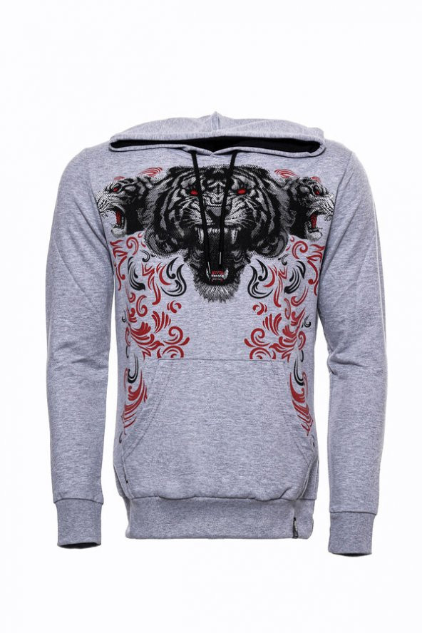 Gri Taşlı Baskılı Kapşonşlu Sweatshirt - 6