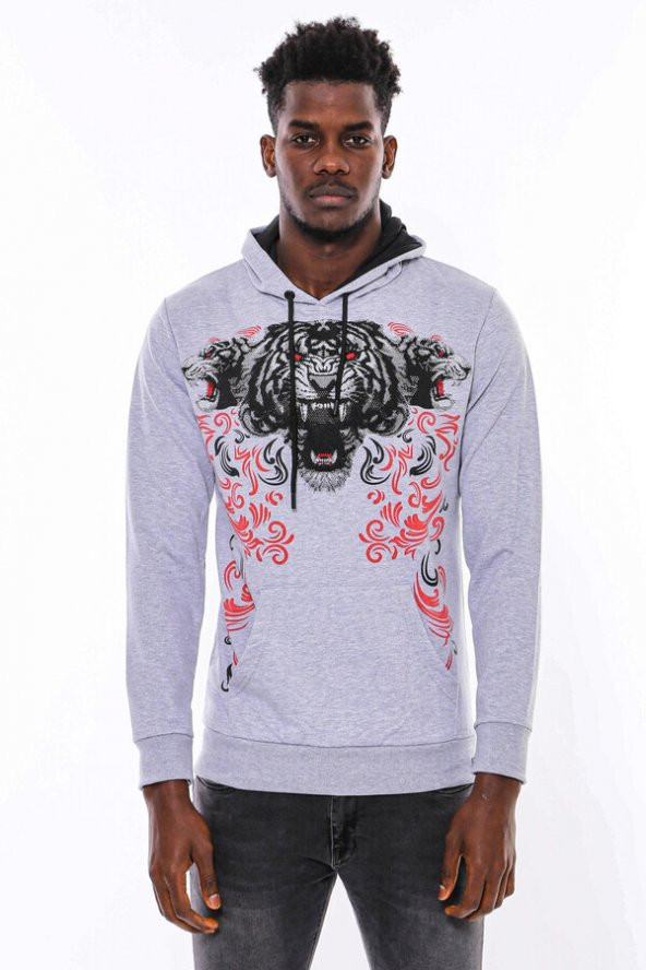 Gri Taşlı Baskılı Kapşonşlu Sweatshirt - 7