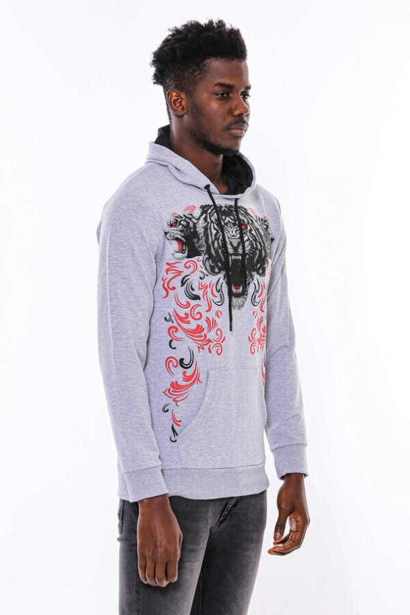 Gri Taşlı Baskılı Kapşonşlu Sweatshirt - 9